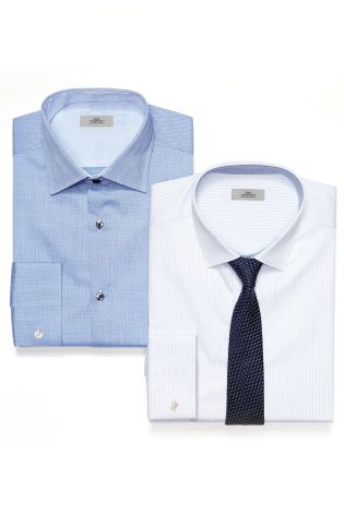 Blue Striped And Plain Shirts And Tie Set
